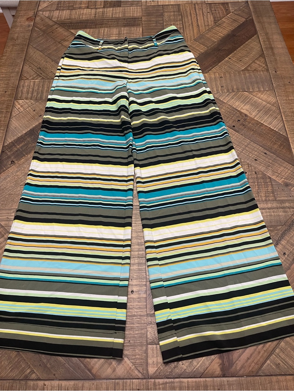 NY & Co Striped Wide Leg Palazzo Pants Multi-Color Teal Yellow Olive Green